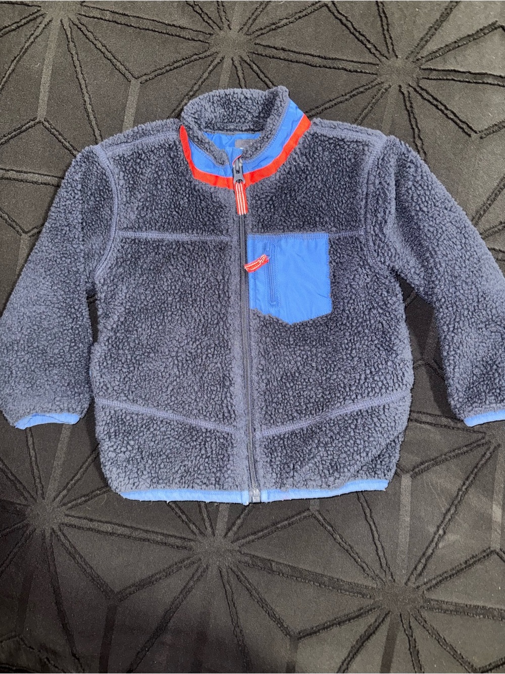 OshKosh B'gosh Navy Blue Sherpa Jacket with Red Trim and Light Blue Pocket
